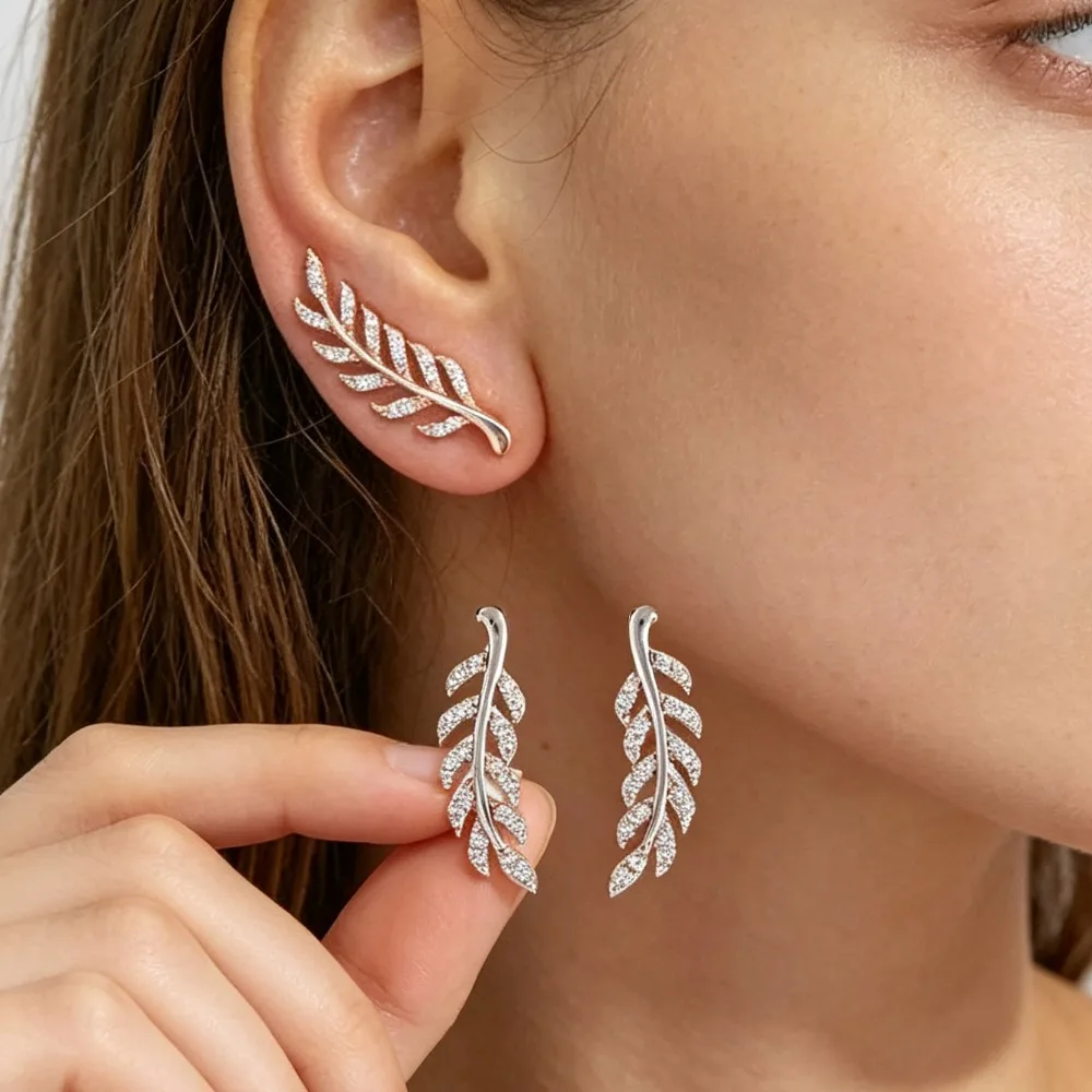 Vintage Trendy Hollow Wheat Leaf Stud Earrings Crystal Unique Design Silver Golden Color Women's Girl's Accessory Gift
