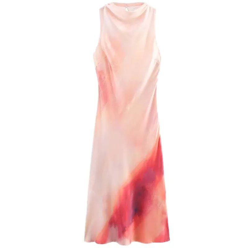 Summer 2025 Women's Svel Tie-Dye Silk Satin Midi Dr Versatile High Waist A-Line Skirt Long Dr Printed Commute Sle