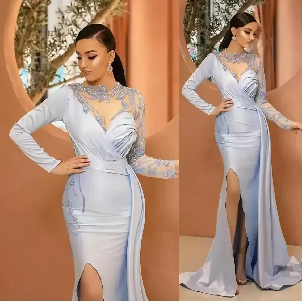 Sexy Elegant Evening Dresses Jewel Neck Illusion Crystal Beading Long Sleeves Mermaid Side Split Blue Prom Special Occasion