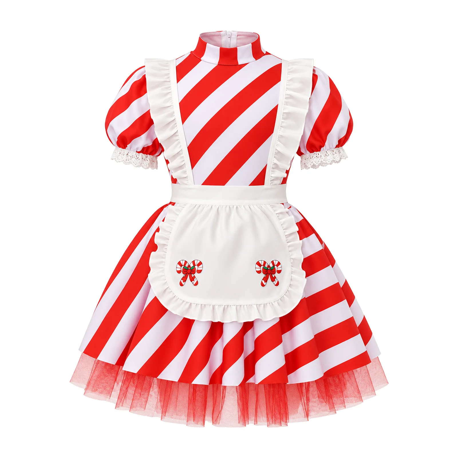 Kids Girls Christmas Candy Cane Costume Lace Trim Puff Sleeves Tulle Lining Striped Dress with Ruffles Apron for Festival Party view 3