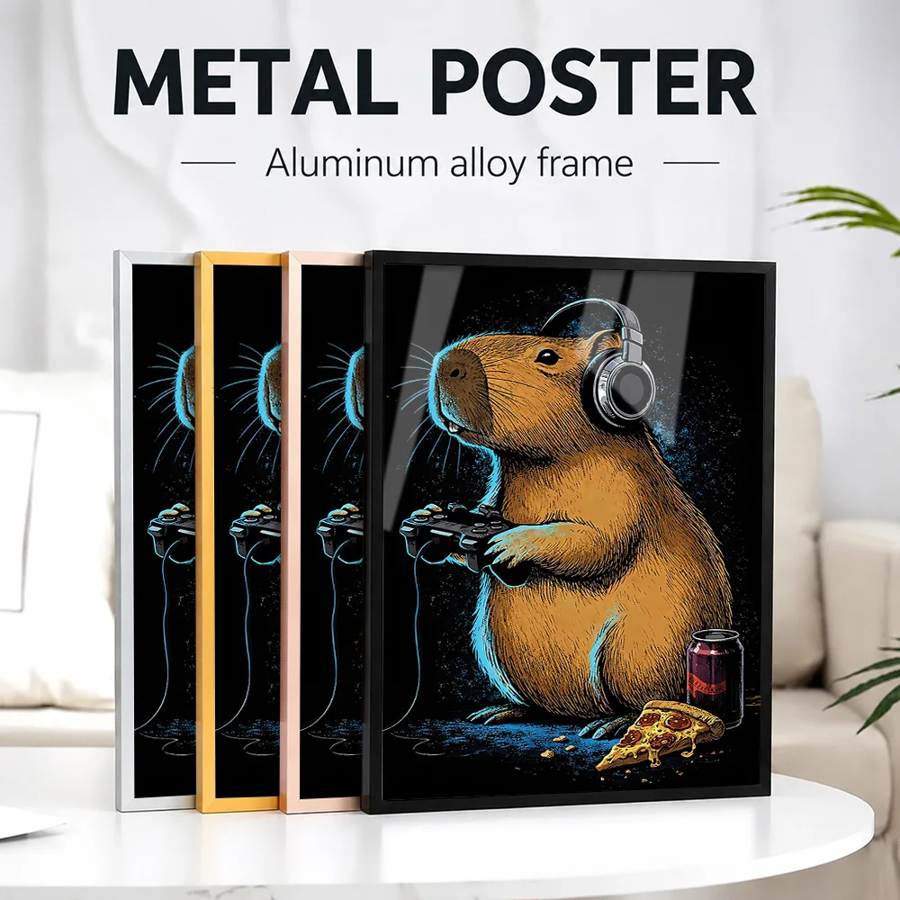 Gamer Capybara Featuring Pizza And Soda Framed Metal Print Customized Photo Epic Style Wall Art For Teen Bedroom Birthday Gift