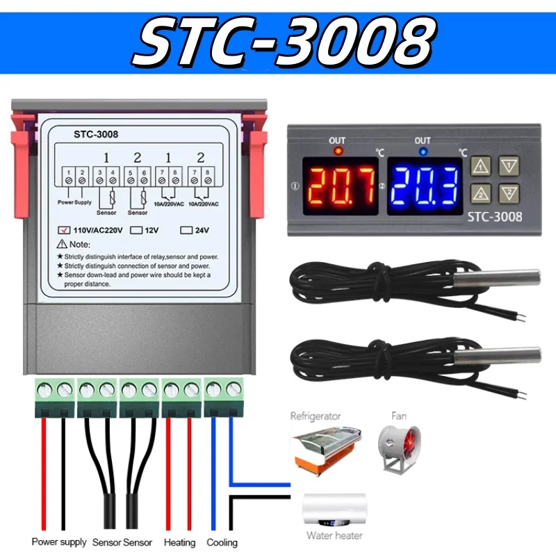 Dual Digital STC-3008 Temperature Controller Two Relay Output Thermostat Heater with Probe 12V 24V 220V Home Fridge Cool Heat