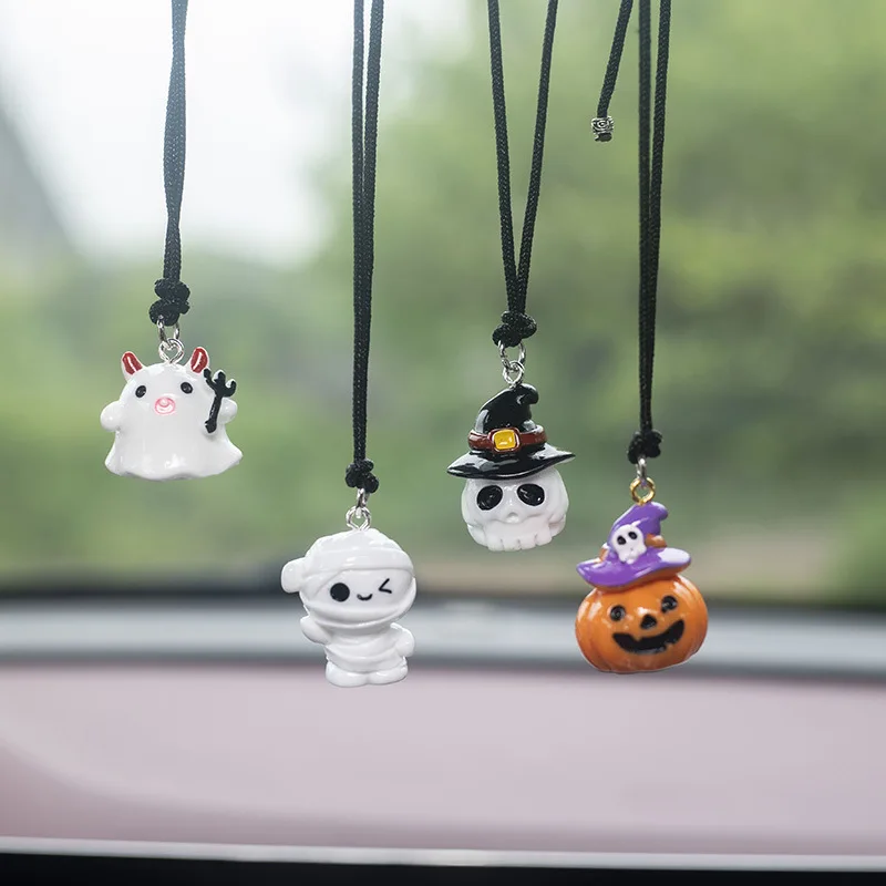 

Cute Halloween Resin Car Hanging Ornaments, 4PCS Ghost/Mummy/Skull/Pumpkin Rearview Mirror Charms for Car Interior Decor