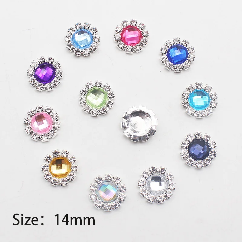 10Pcs 14mm Round Acrylic Flat Bottom Rhinestone Buckle Handmade Gift Box Invitation Card Metal DIY Decorative Accessories