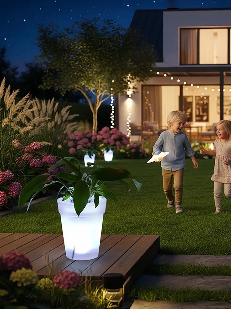 LED Planter Pots Outdoor Waterproof Landscape Lighting Vase Solar Power LED Flower Pot for Patio Yard Pathway Lawn Home Outside