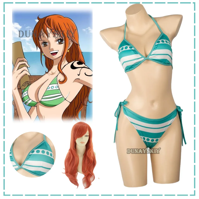 

Nami Cosplay Anime Costume Two Years Ago Wig Green White Stripe Swimwear Jeans Summer Day Bikini Woman Sexy Carnival Suit