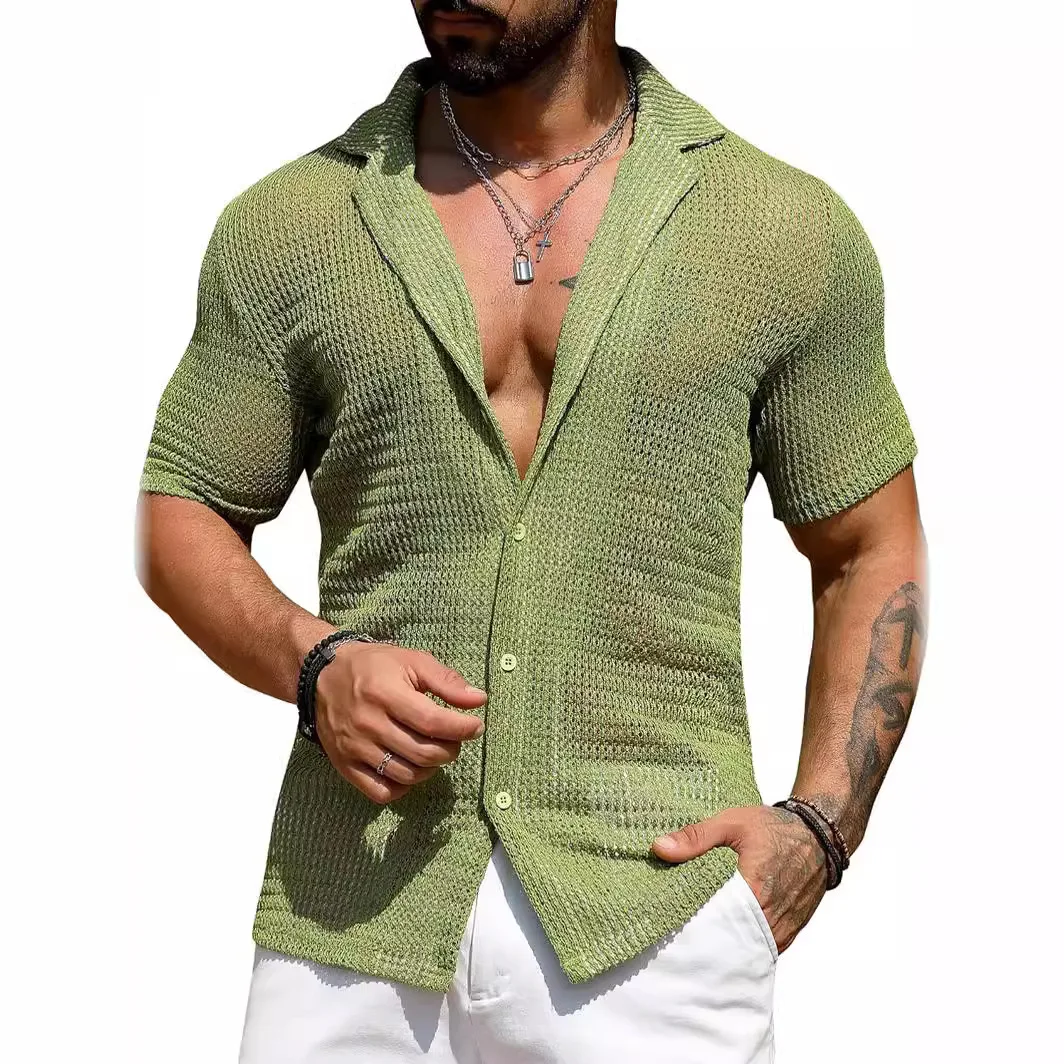 Mens-Summer-Hollow-Out-Knitted-Shirt-See-Through-Breathable-Short-Sleeve-Button-Down-Solid-Casual-Beach-Tops