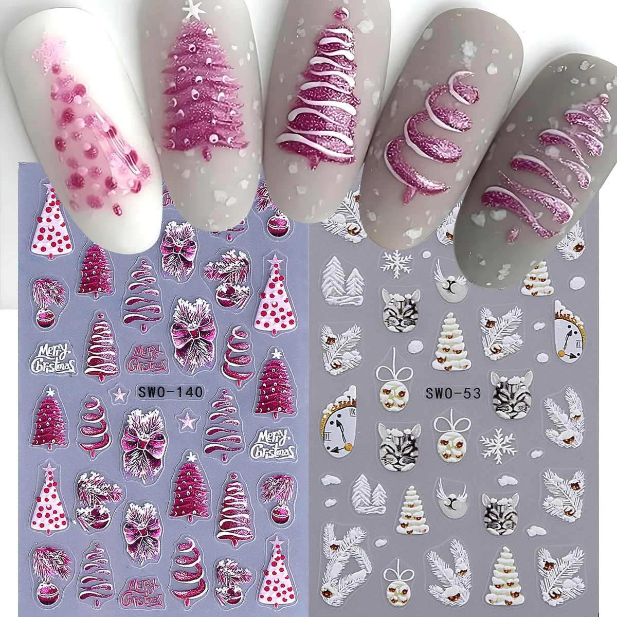 2 stücke Weihnachten Baum Design Nagel Matte Aufkleber Bogen Glocke Katze Bild Frohe Weihnachten Folien Wraps Rosa Weiß Winter Aufkleber maniküre Dekor