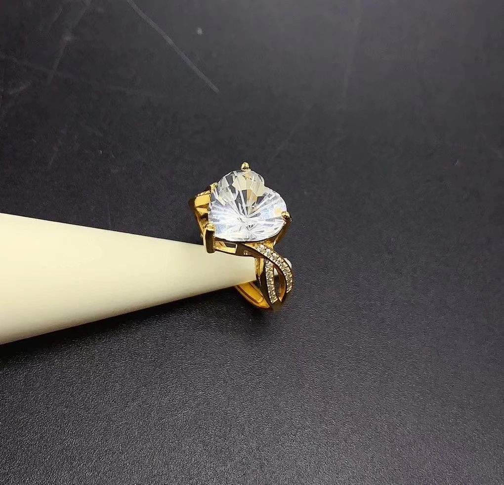 925 Silver Natural Heart Shape White Crystal Ring with Gold Plated 12mm 6ct VVS Grade Crystal 925 Silver Ring for Engagement