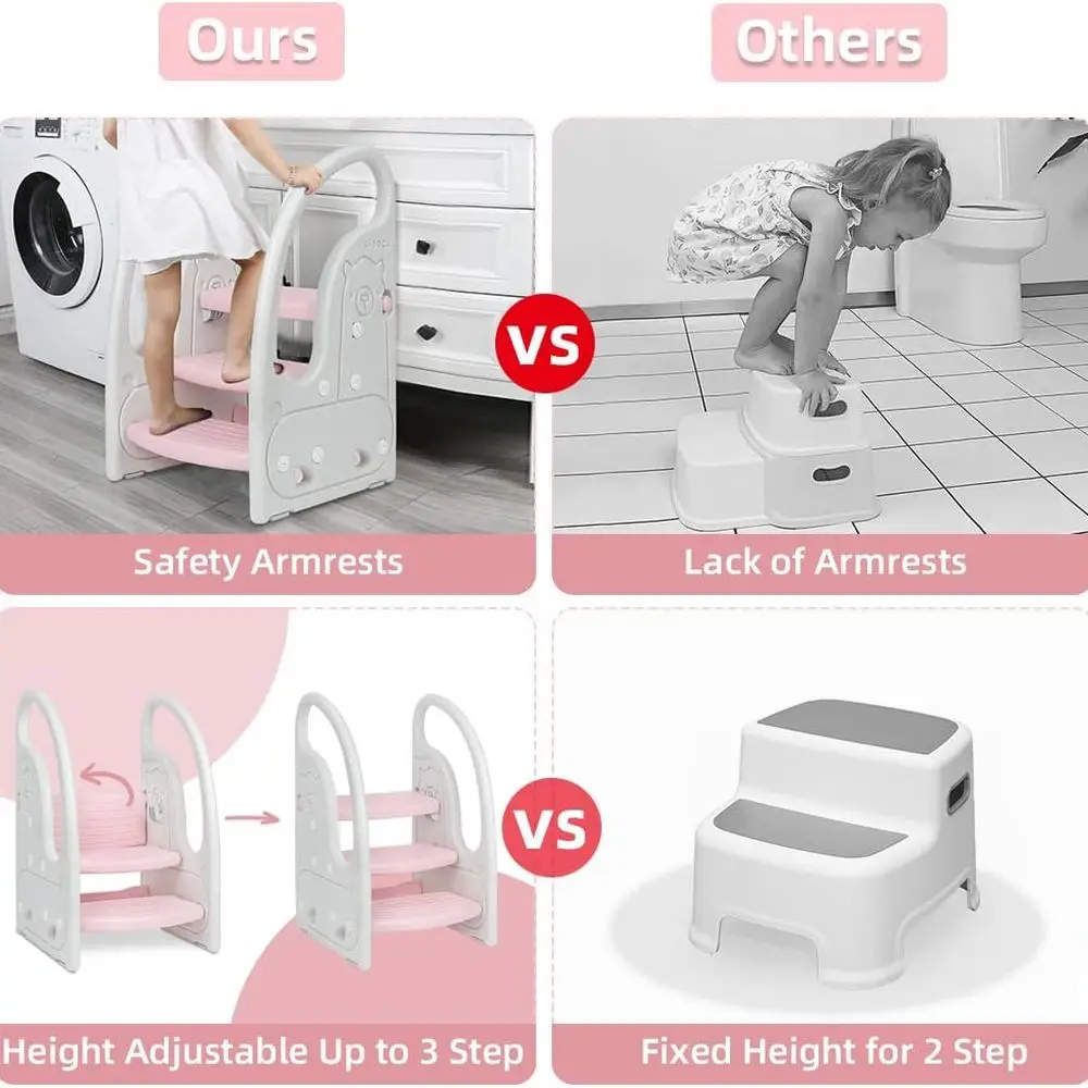 Plastic 3-Step Toddler Stool with Handles, Non-Slip Pads for Kitchen, Bathroom, Toilet Training - Pink & White