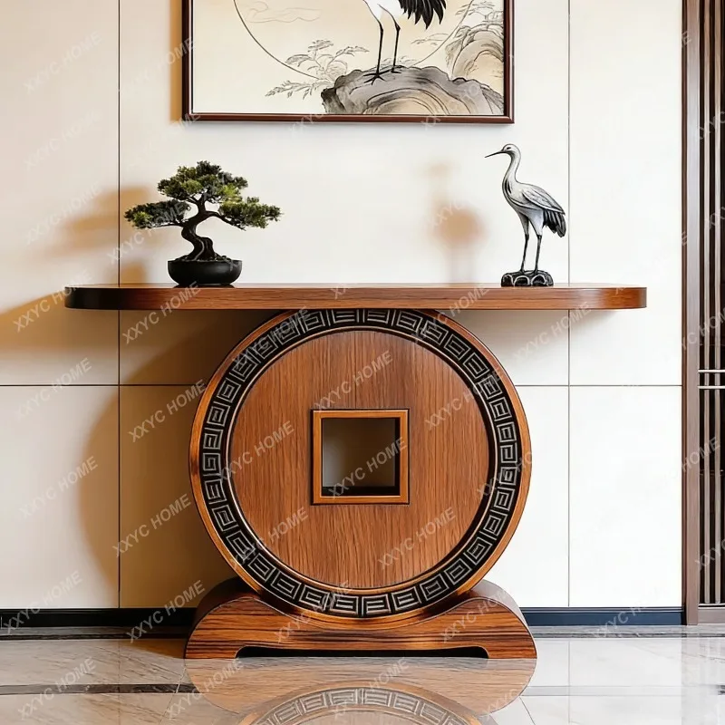 XX New Chinese Solid Black Walnut Console Table 2026 New Coin Motif Carved Narrow Long Entryway Hallway End View Display Stand