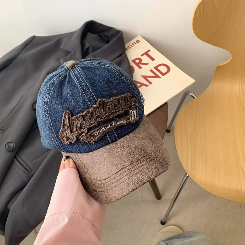 Splicing American Retro Baseball Caps Cotton Denim Tattered Jeans Sun Hat Sunscreen Baseball Hat Peaked Cap Men