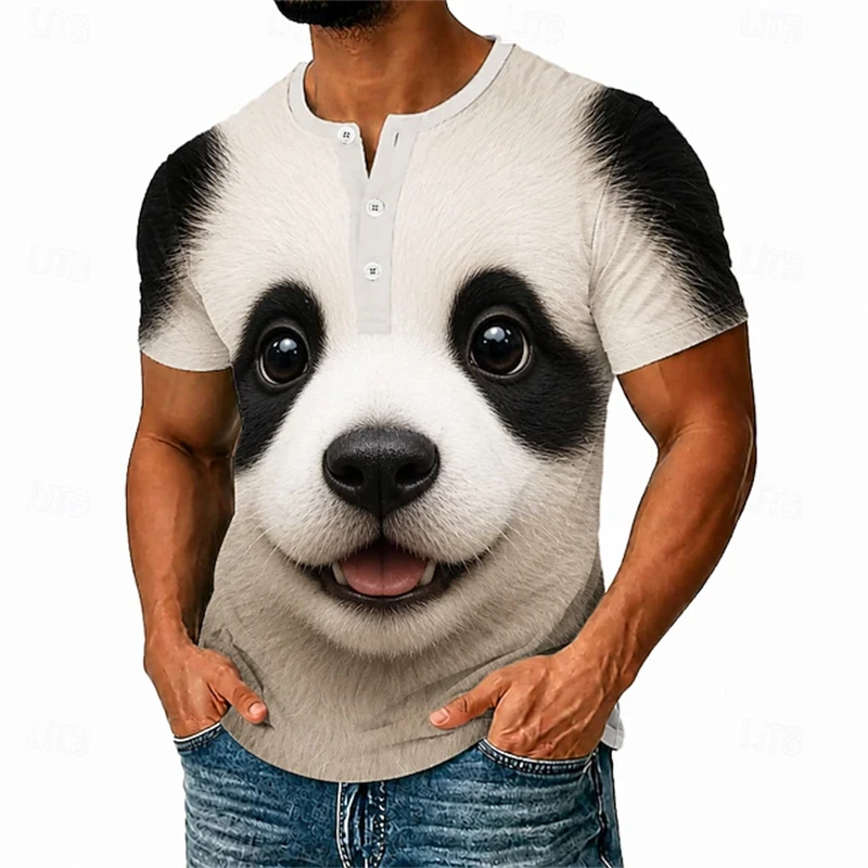 Cute Dog Face Print T-Shirt Summer Fashion Short-Sleeve Funny 3D Animal Print T-Shirt Men's Casual Loose-Fit Button-Down T-Shirt
