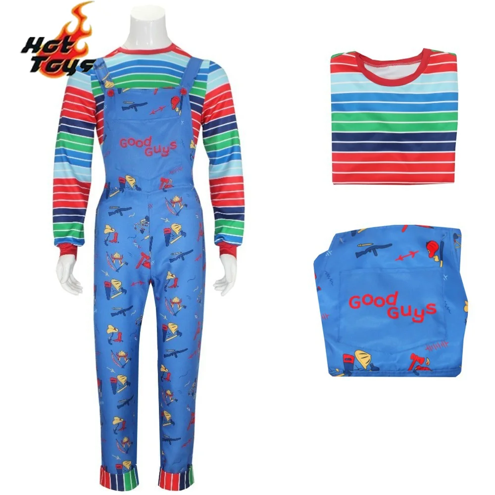 Costume di Halloween Chucky boy girl Play tuta da cartone animato blu con camicia a righe per Costume Cosplay Chucky adulto