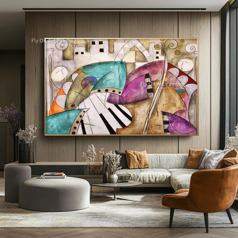 Beige Black Abstract People Palying Musical Instruments Oil Painting Hand Made Blue Yellow Purple Canvas Wall Art Decor For Room
