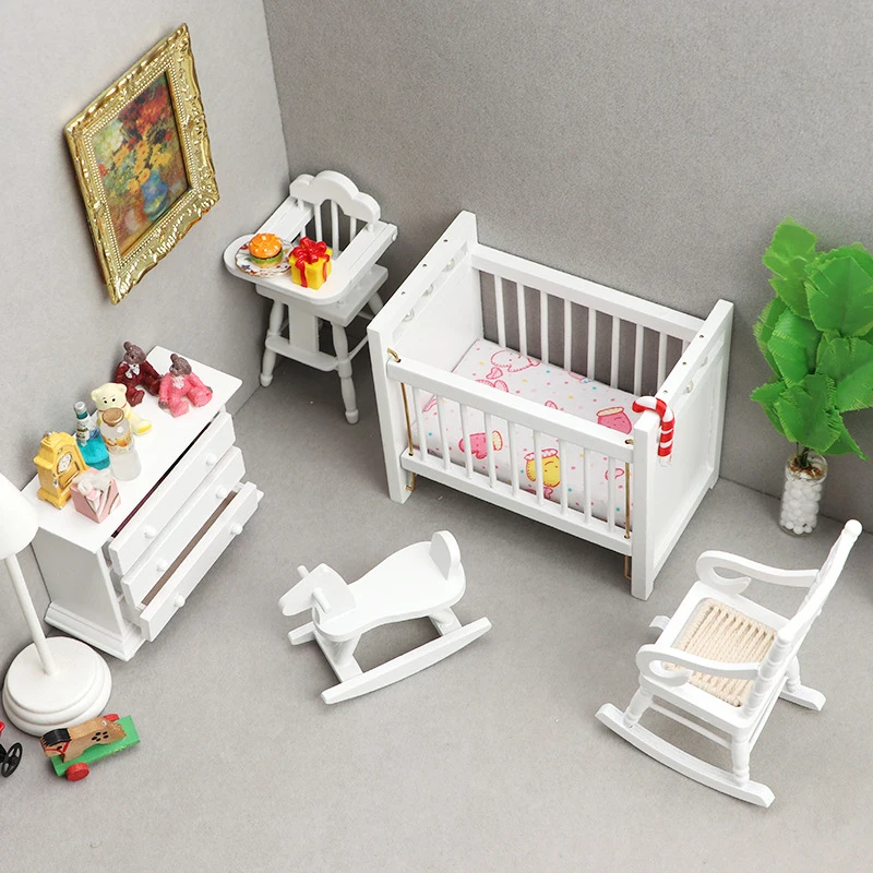 1:12 Dollhouse Mini Baby Cot Chair Rocking Horse Rocking Chair Cabinet Furniture Decor Toy