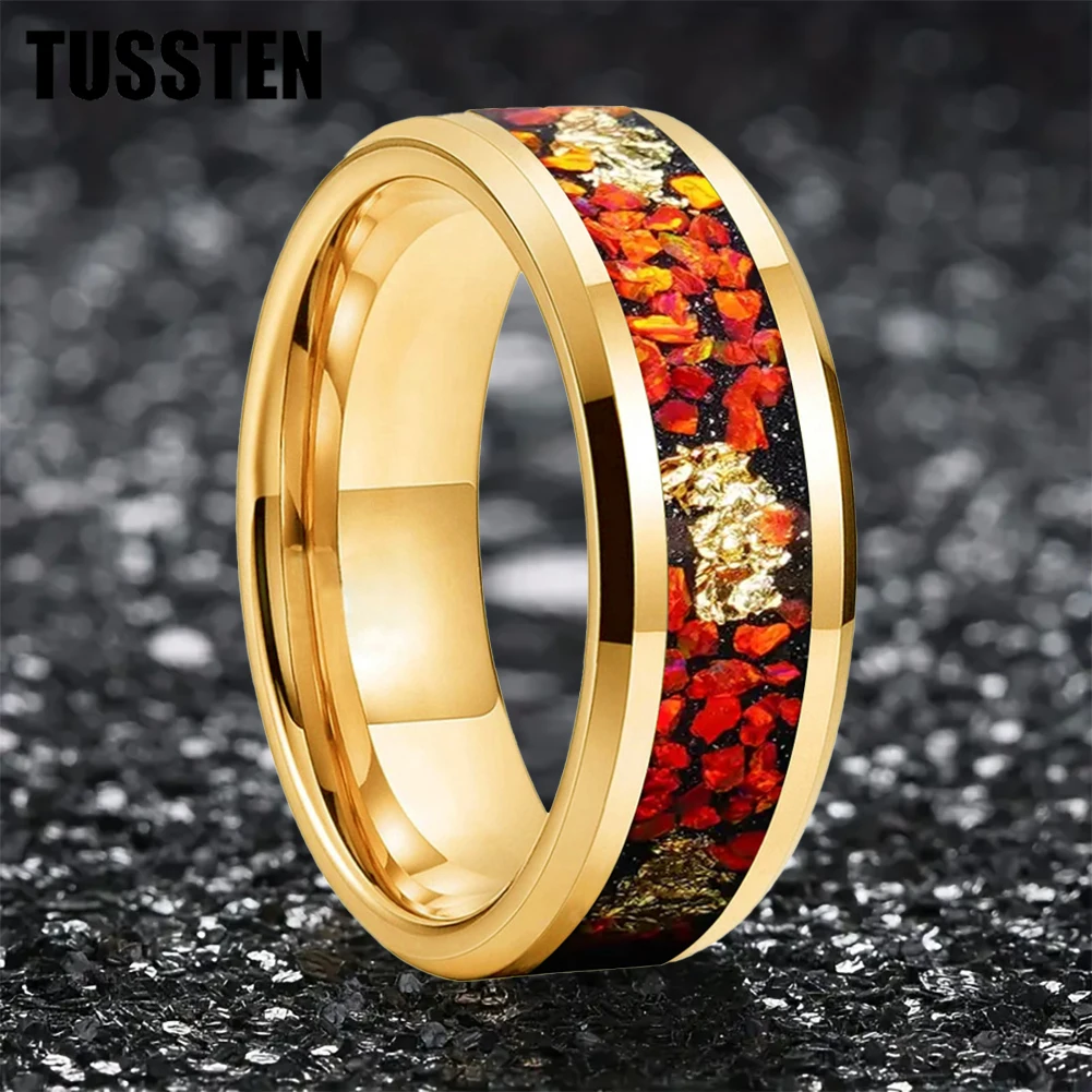 

TUSSTEN 6/8MM Men's and Women's Wedding Ring with Orange opal and gold foil Stone Inset in the Middle Groove for