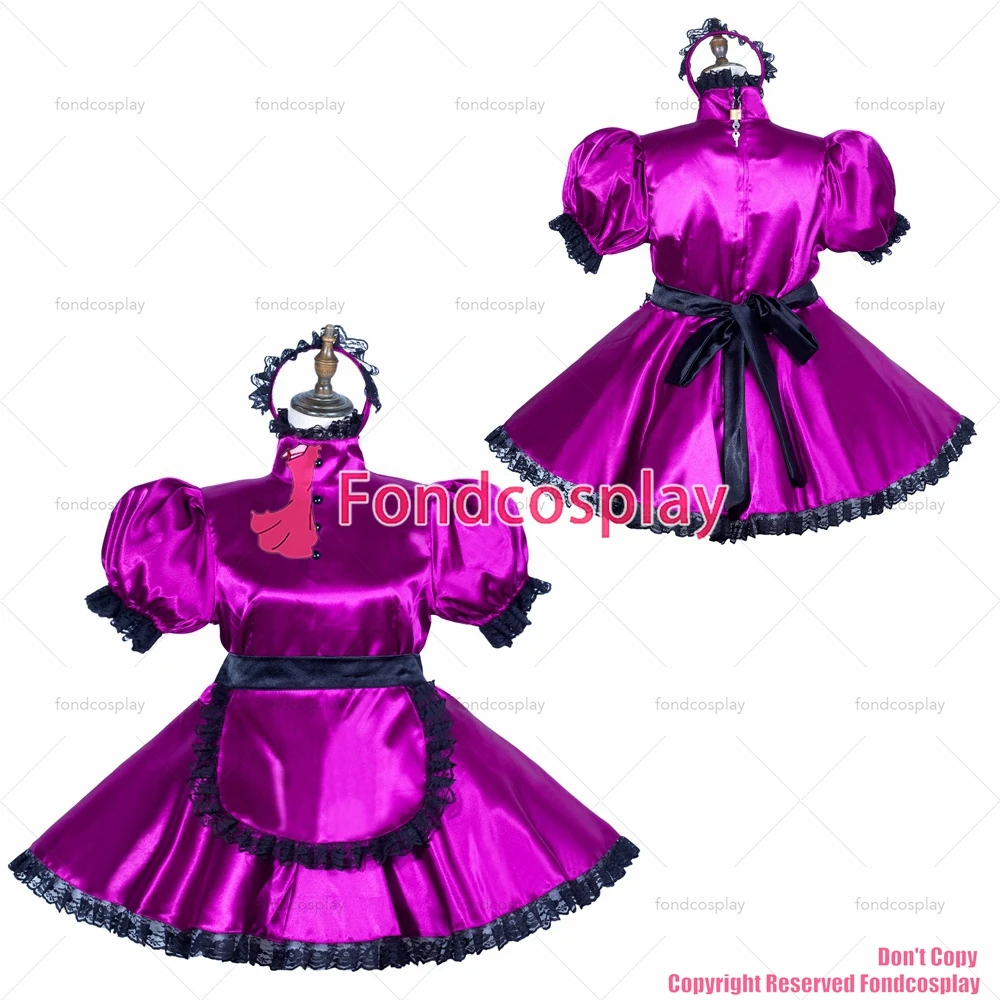 fondcosplay adult sexy cross dressing sissy maid short Purple satin dress lockable Uniform apron costume CD/TV[G3764]