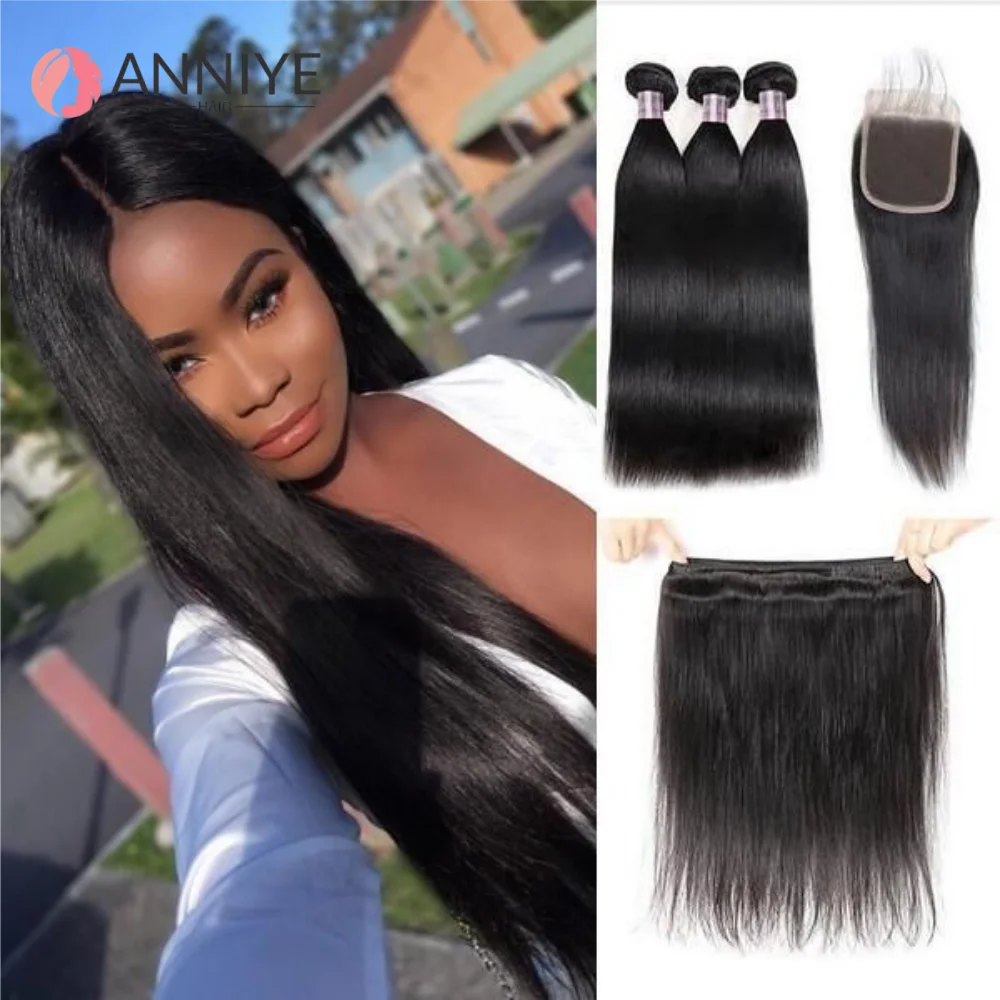 

Straight 3 Bundles With 4x4 Closure 100% Unprocessed Raw Human Hair Full And Thick 3 Bundles With 4x4 HD Lace Closure 12A ANNIYE