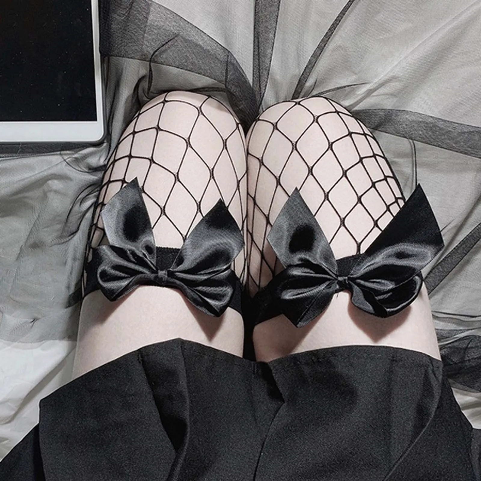 

Womens Overknee Bow Fishnet Summer Thin Korean Cute Bow Fishnet Stockings Sexy Lace Large Mesh Stockings Over The Knee Hosiery