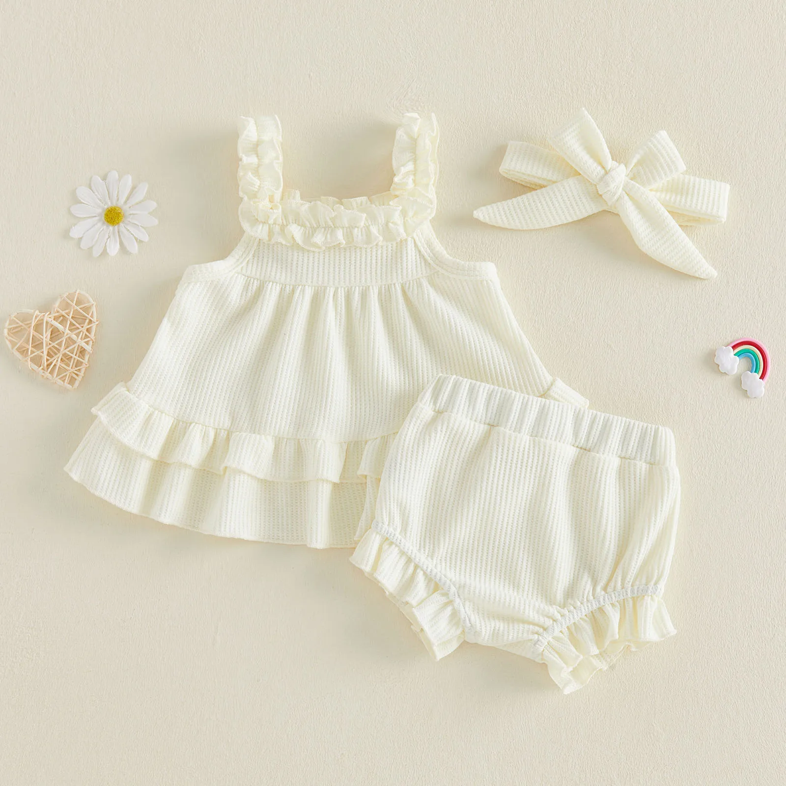 0-24M Baby Girl Summer Outfits Solid Color Waffle Sleeveless Bodydoll Tops PP Shorts Headband 3Pcs Clothes Sets 5