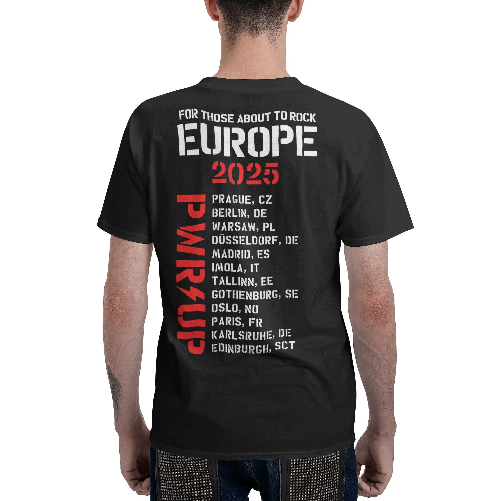 التيار المتناوب Pwr Up جولة حول العالم تيار مستمر أوروبا 2025 الجرافيك المطبوعة تي شيرت الرجال النساء 100% تي شيرت الملابس