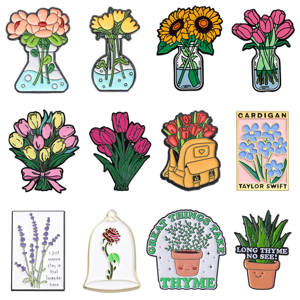 Cartoon Flowers Enamel Pins Creative Colorful Tulips Sunflowers Peonies Aloe Roses Lavender Violets Lapel Badges Jewelry Gifts
