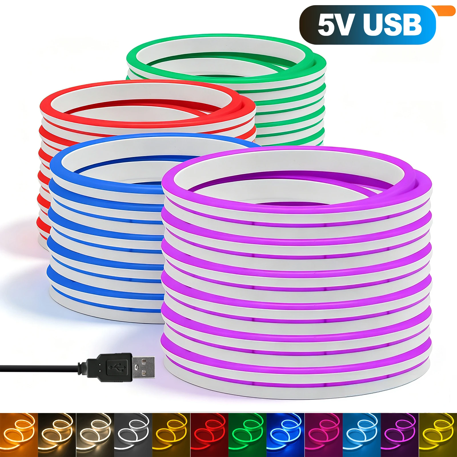 5V USB 2835 Silicone Neon Light Strip 5×12mm Red, Green, Blue, Ice Blue, Pink, Purple, Orange Single Color Neon Rope Light