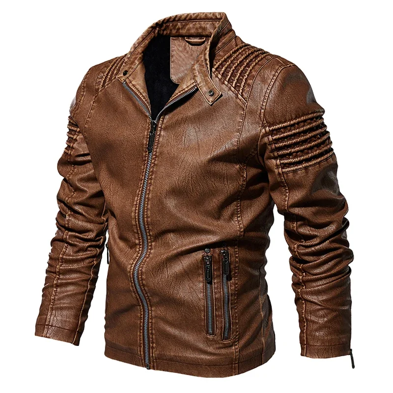 Men's Winter Thick Fleece Leather Jacket Motorcycle Slim Fit Business Oblique Zipper Jacket Outwear Warm Coats M-5XL