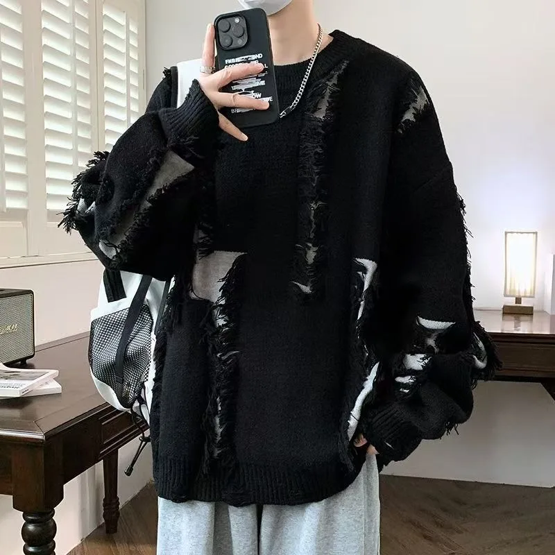 เสื้อสเวตเตอร์ไหมพรมสไตล์อเมริกันแนวสตรีทแฟชั่นสำหรับผู้ชาย ดีไซน์เท่ห์ๆ สไตล์พังก์ ฮิปฮอป ลำลอง ทรงหลวม ทันสมัย