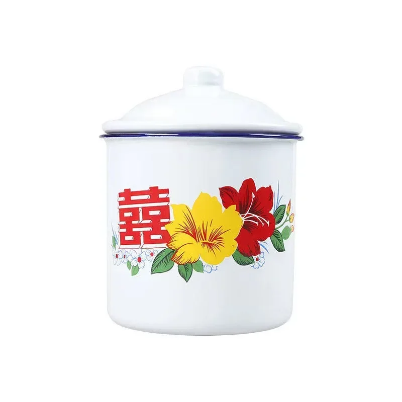 Nostalgic Enamel Cup - Double Happiness Flower Retro Iron Teapot with Cover