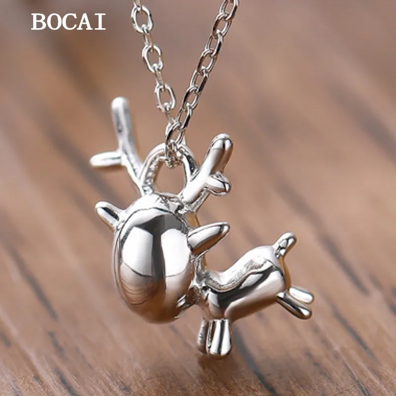 BOCAI NEW S295 Sterling Silver Fashionable Pendant Trendy Cute Sweet Christmas Cartoon Reindeer Pendant Women's Gift