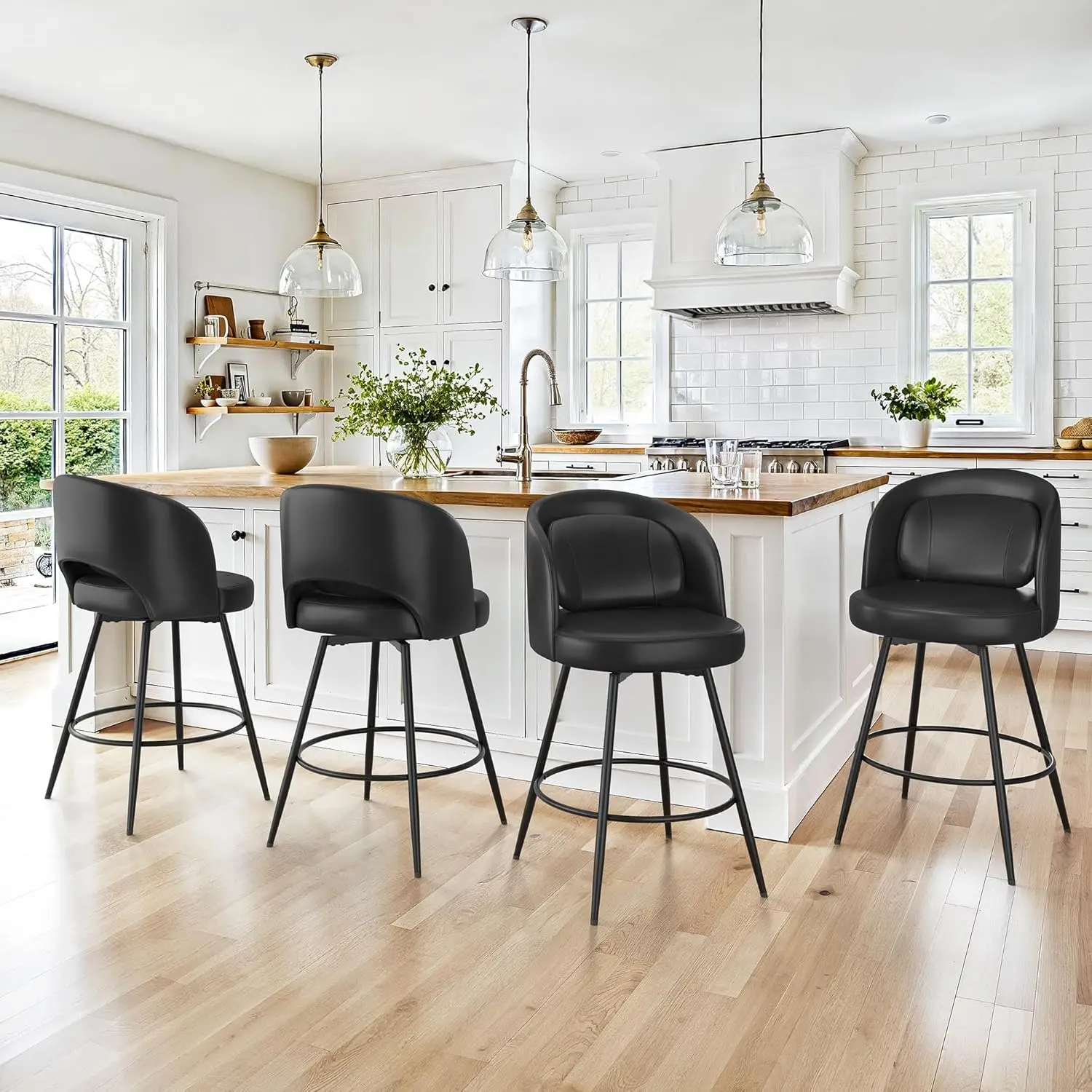 

Набор из 4 барных стульев 26''H с поворотным механизмом, барные стулья высотой до столешницы со спинками, поясничной подушкой и черными металлическими каркасами, на заказ