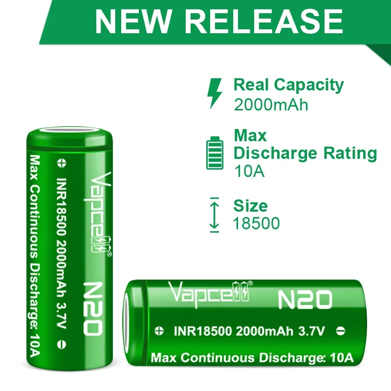 Original Vapcell N20 18500 2000mAh 10A 3.7V Rechargeable Battery High Performance INR 18500 Lithium Batteries for Flashlight