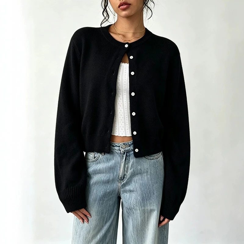 Women Ribbed Knit Cardigan Cropped Sweater Crew Neck Button Down Long Sleeve Soft Yellow Basic Y2K Cozy Autumn Winter Top