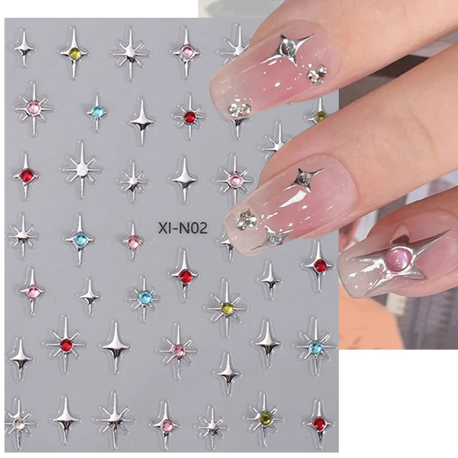 5D Embossed Metal Silver Stars Nail Stickers Mixed Color Resin Rhinestone Chain Pearl y2k Style Engraved Holographic Decoration