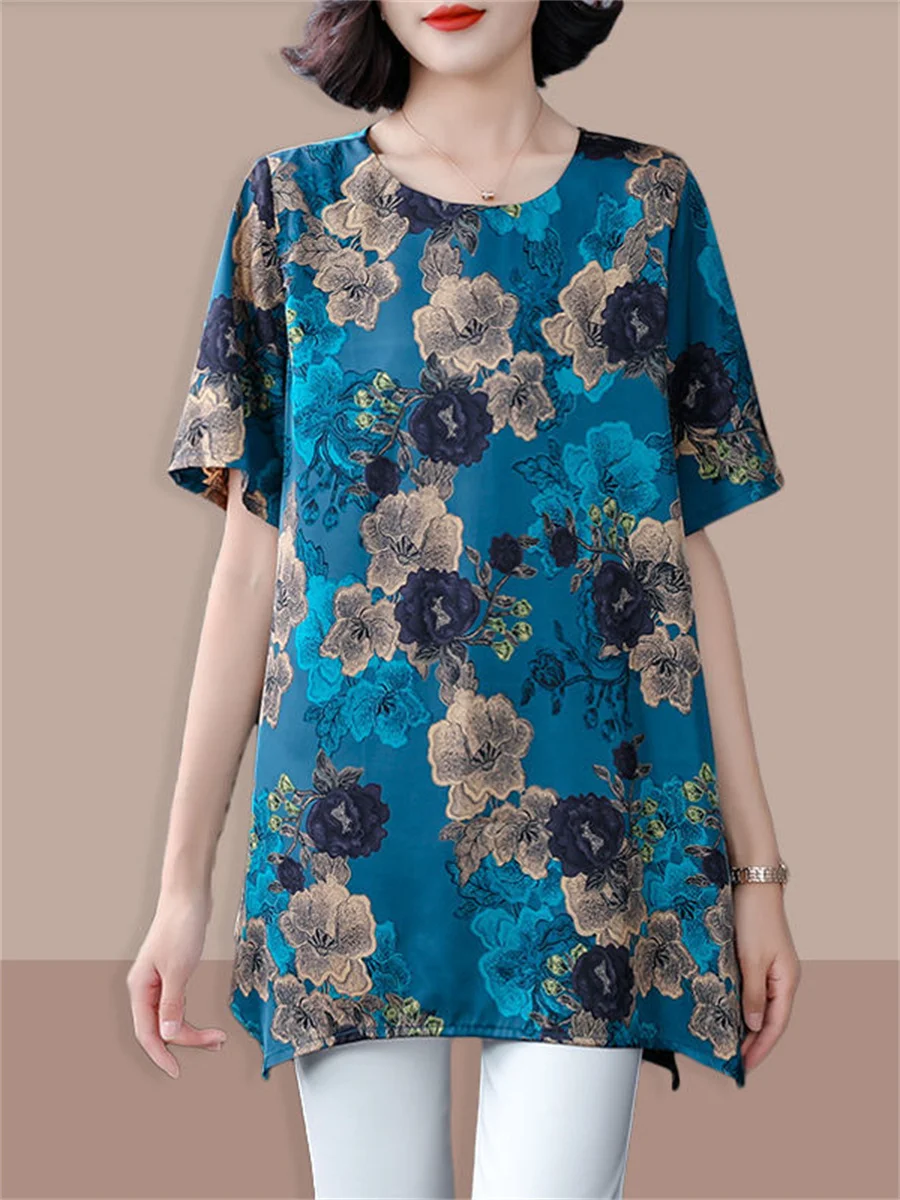 

6XL Loose Women Spring Summer Shirts Lady Fashion Casual Short Sleeve O-Neck Collar Flower Printing Blusas Tops TT2017