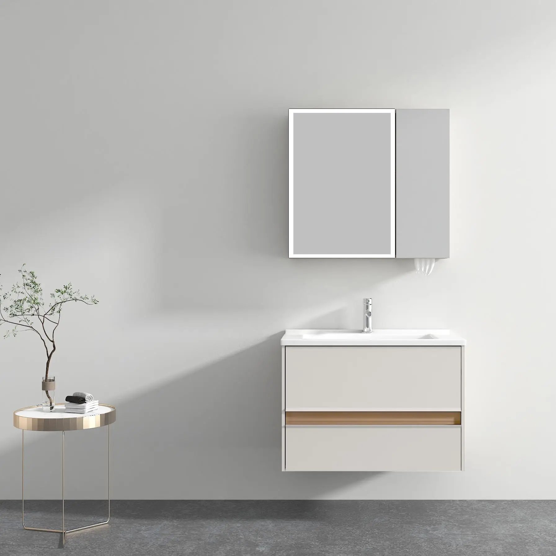 80cm White Wall-Hung Bathroom Cabinet with Ceramic Basin and Vanity Mirror Farmhouse Hospital Use Complete Bathroom Vanity