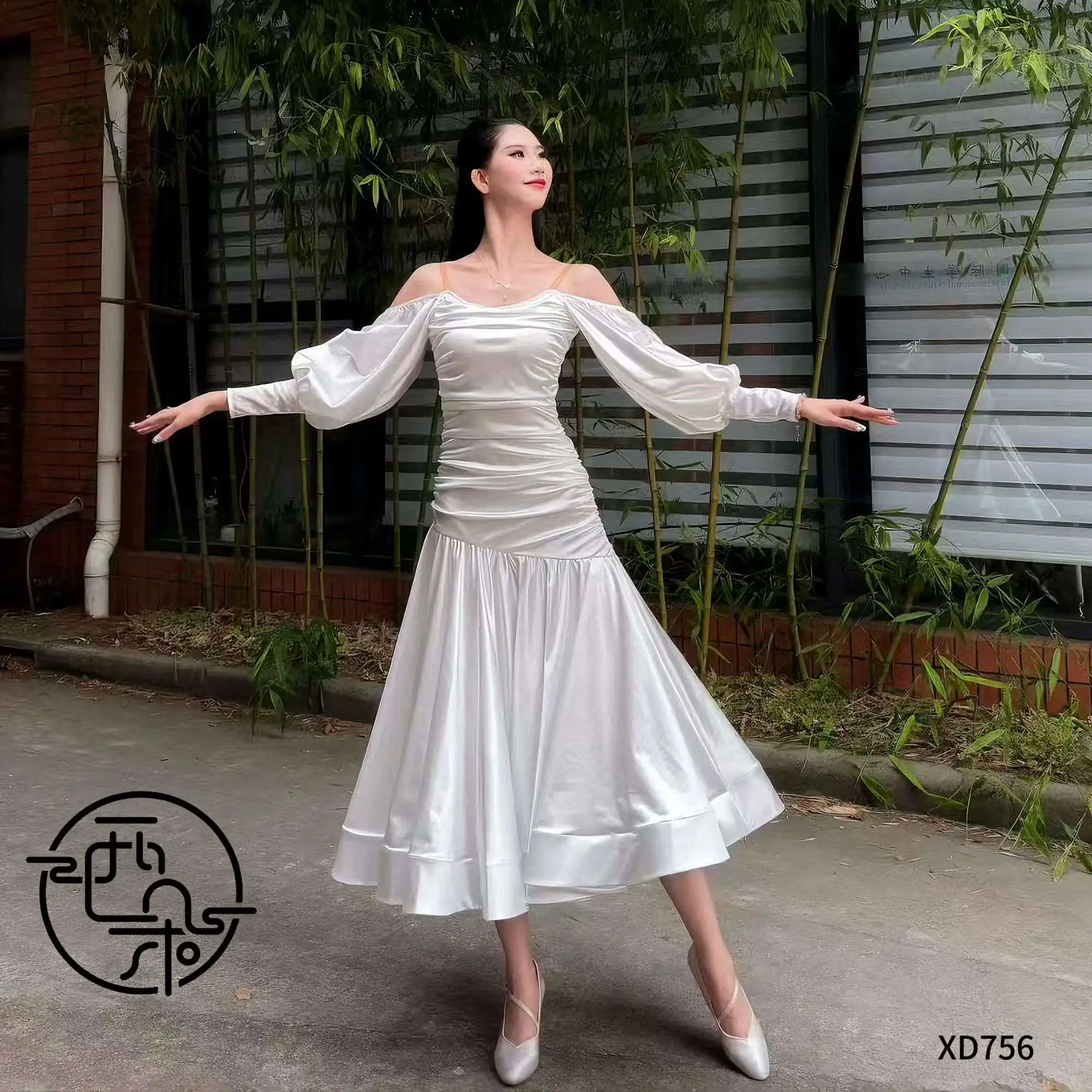 Pearl Satin Ballroom Dance Dress Women Performance Costume White Long Dress Parrt Prom Dress Competition Wear Waltz Dress L20123