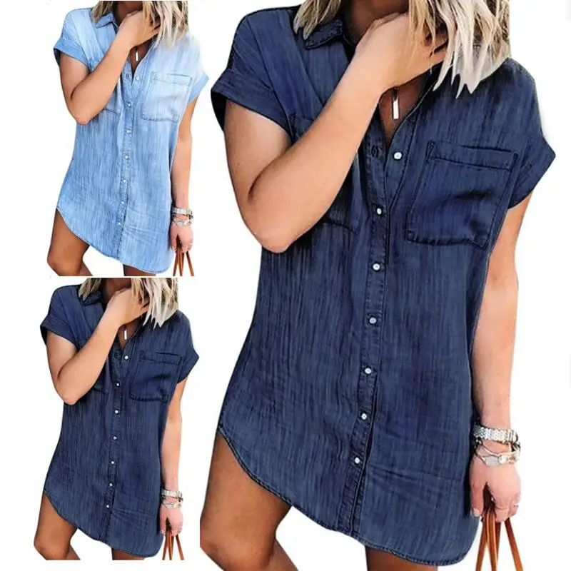 

Женская рубашка с коротким рукавом из имитации старого денима в британском стиле, модная женская одежда, легкий уход, не даёт усадки, полностью синтетическая ткань.