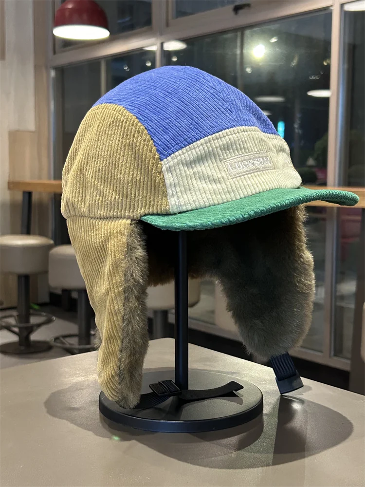 Corduroy Lei Feng Hat for Men and Women, Thickened and Warm, Outdoor Riding Cold-Proof Ear Protection Hat, Snow Flying Hat