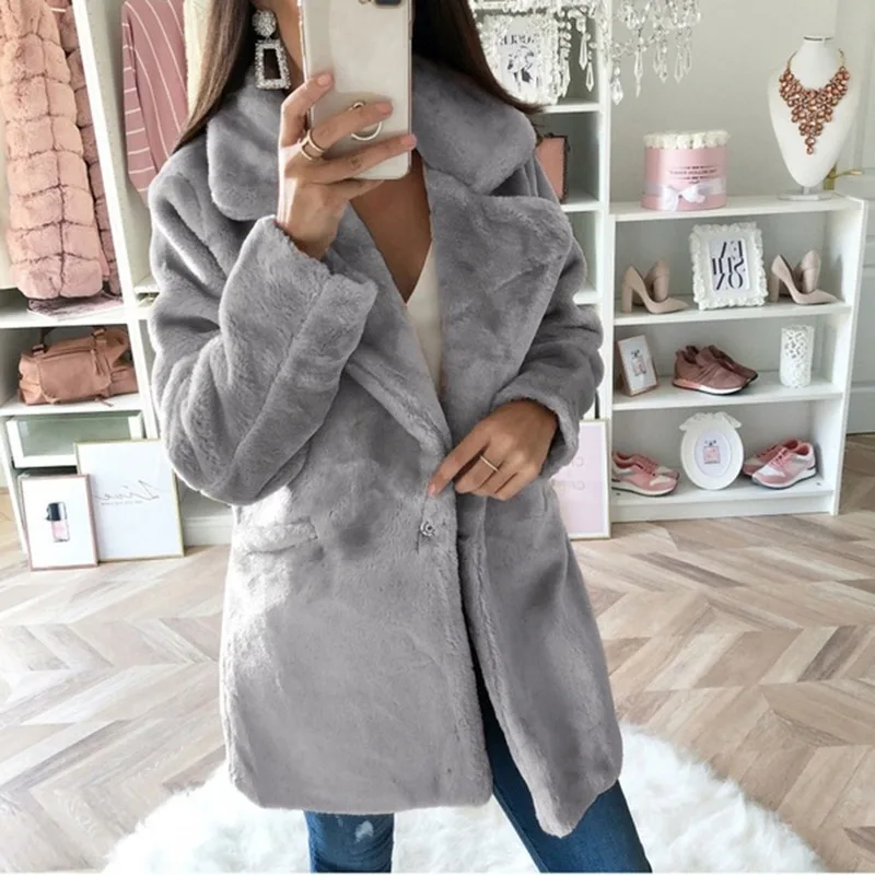 New Woolen Women's Mid-length Casual Jacket Fashion Solid Color Loose Plush Coat Imitation Fur Coat  Autumn and Winter Wear