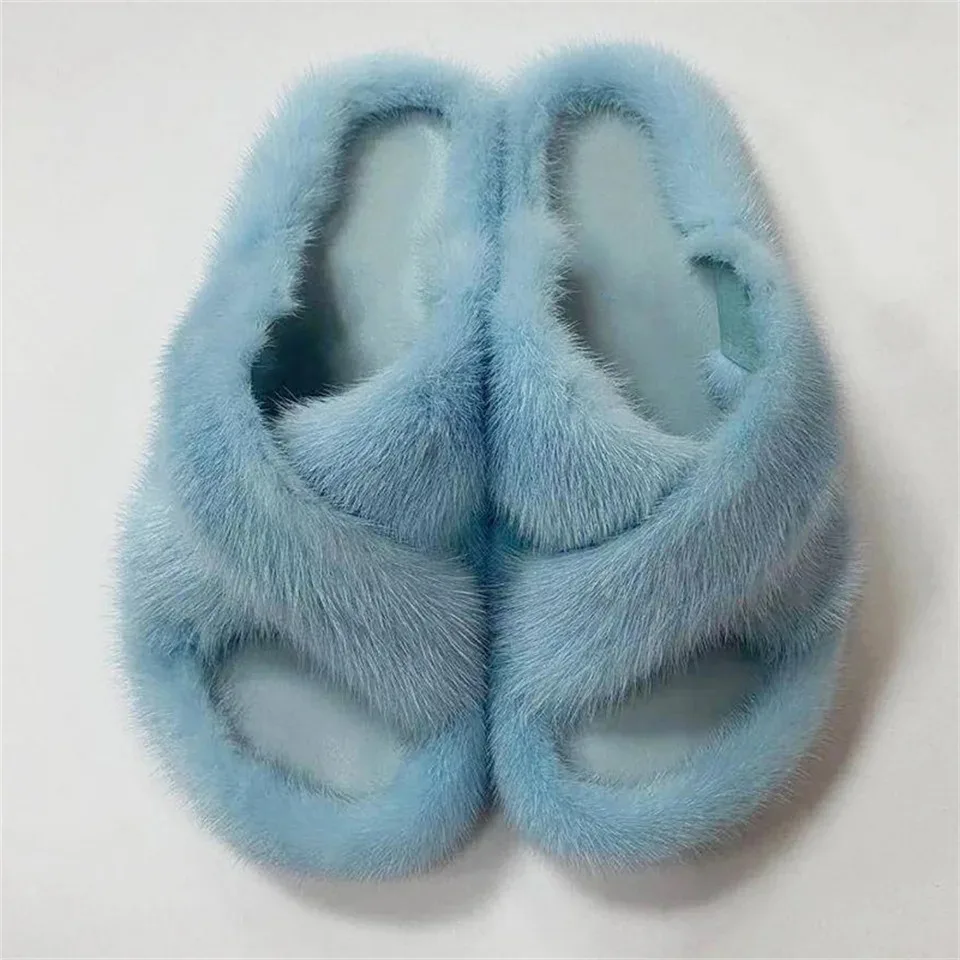 Flauschige Echte Nerzfell-Damenhausschuhe für Innenbereich Herbst Winter Luxus-Designer-Slipper Lässige Hauspantoffeln aus Flauschigem Nerzfell – Detail 12