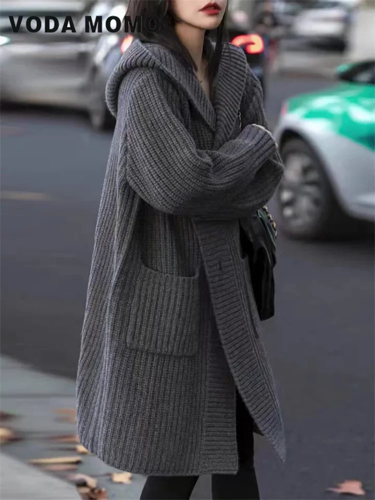 

Long Sleeved Female Fashion Single-Breasted Loose Hooded Leisure Outerwear Autumn Winter 2023 New Mid-Long Knitting Cardigan