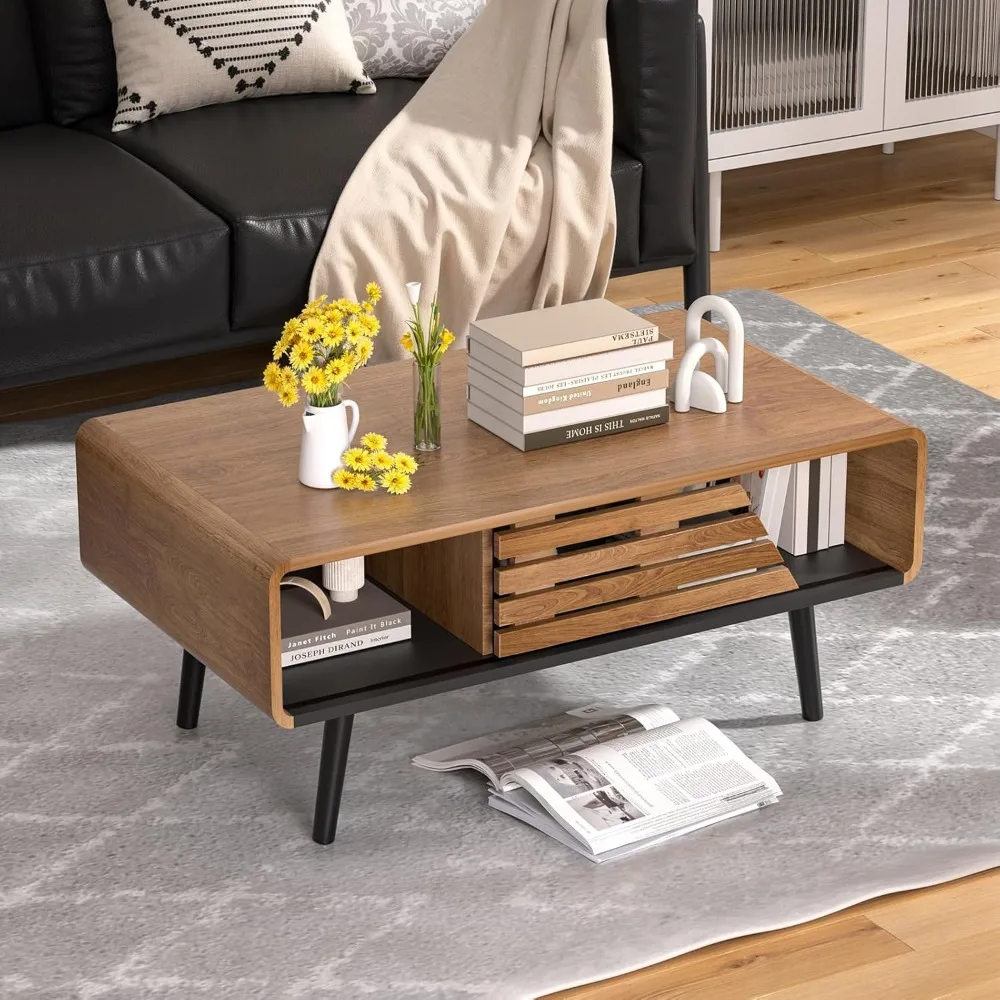 

Mid Century Modern Coffee Table, Wood Rectangle Coffee Table with Storage, Living Room Center Table for Home, Apartment, Office