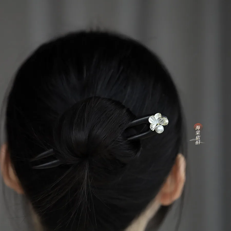 Chinese Style Ebony U Shaped Hair Stick With Pearl Flower Decoration Traditional Hanfu Hair Accessory For Women Daily Wear Cheon