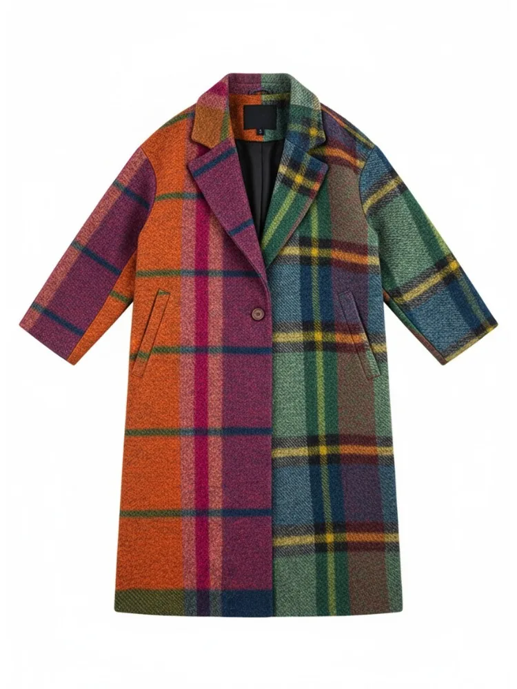 

Onecozyday 2025 Winter Women's Trench Coat Colorful Plaid Lapel Collar Long Sleeves Buttoned Outerwears Women's Woolen Coat