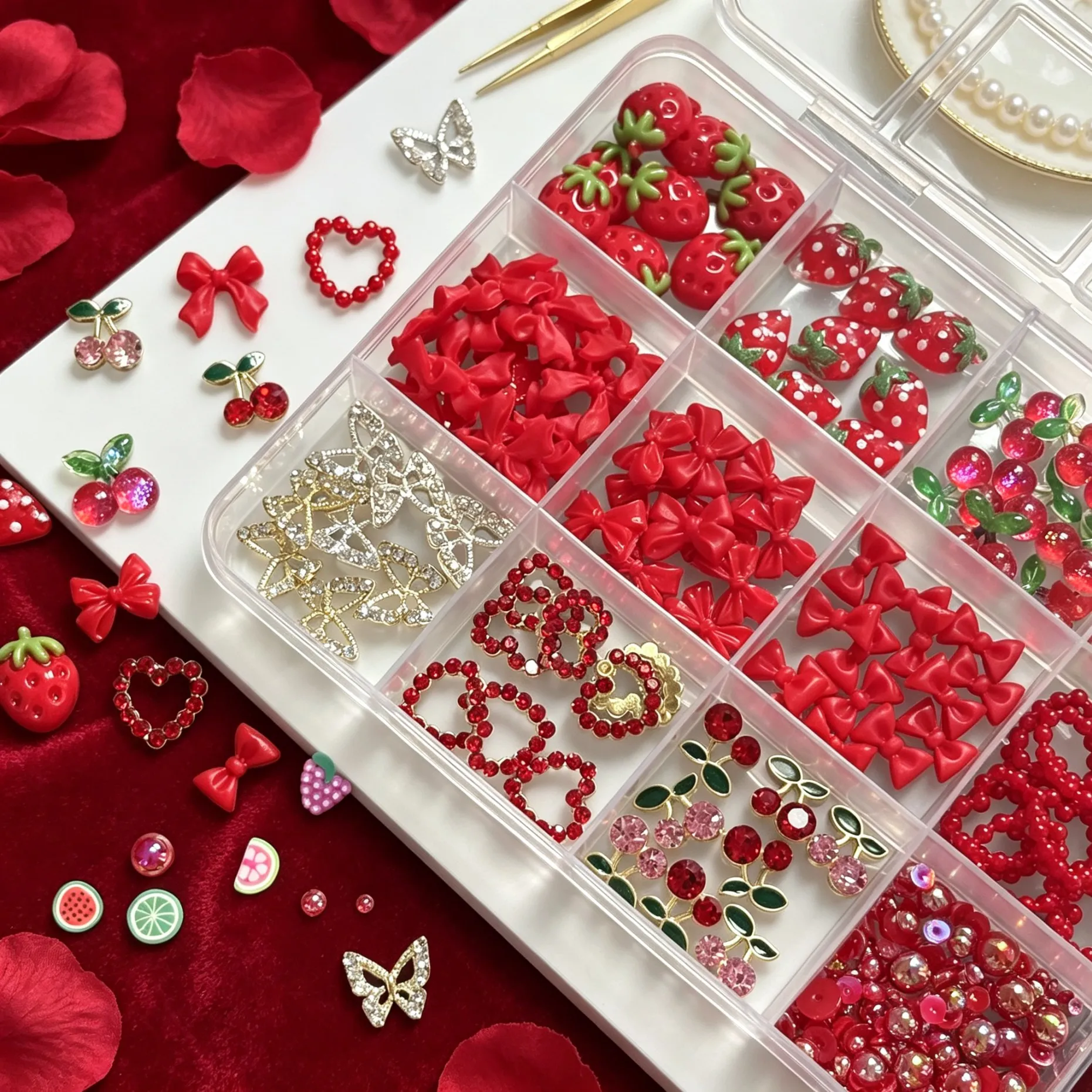 12Grids Christmas Red Strawberry Cherry Fruit Slices Bow Nail Art With Diamond Butterfly&Heart&Cherry Nail Charms DIY Xmas Parts