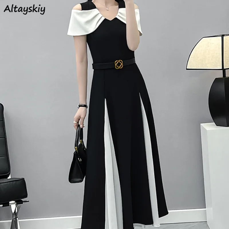 

Panelled Dresses for Women Summer Off Shoulder Thin Mid-calf V-neck All-match Elegant Female High Waist Fashion Casual Fit New