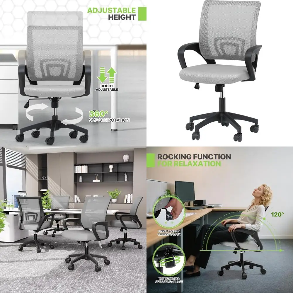 

Mid-Back Ergonomic Office Chair with Mesh Backrest, Swivel & Lumbar Support, Adjustable Height for 300 lbs, Light Gray
